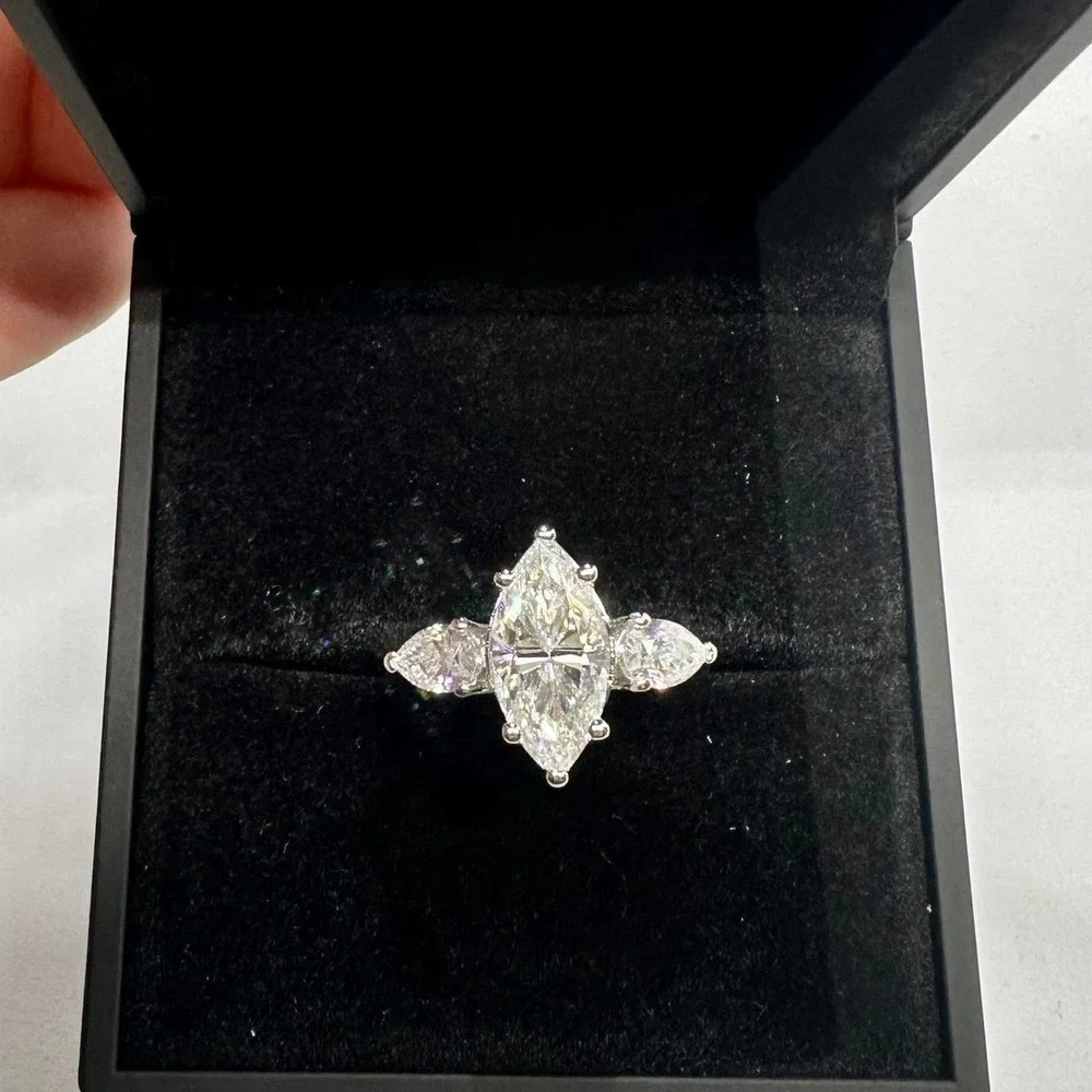 Marquis Cut Moissanite Diamond Ring Three Stone Wedding Anniversary Ring 18K 925